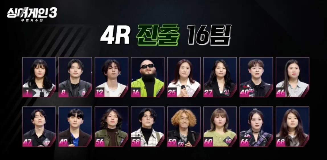 싱어게인3-4라운드-진출자-16개팀의-모습이-나열되어-잇는-사진