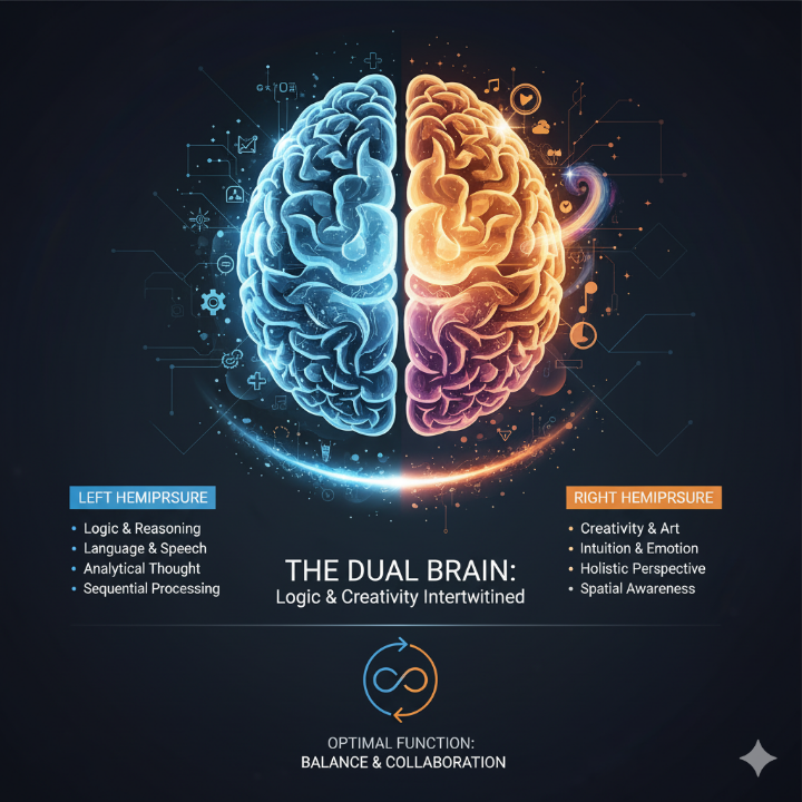 듀얼 브레인 개념을 시각적으로 나타낸 인포그래픽 이미지