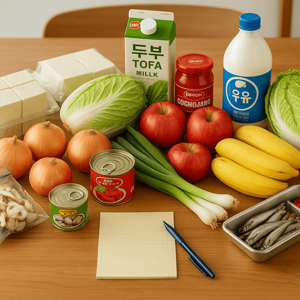 식탁 위에 놓인 한국 식단용 장보기 재료와 메모지: 두부, 우유, 고추장, 사과, 바나나, 양파, 대파, 배추, 멸치, 캔식품, 버섯, 김치 등 다양한 식재료가 정갈하게 놓여 있고, 식단 계획 메모지가 함께 놓여 있음