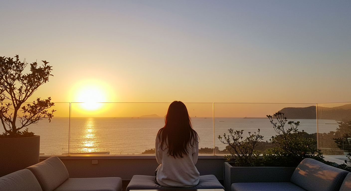 제주 감성 숙소 루프탑에서 노을을 감상하는 모습