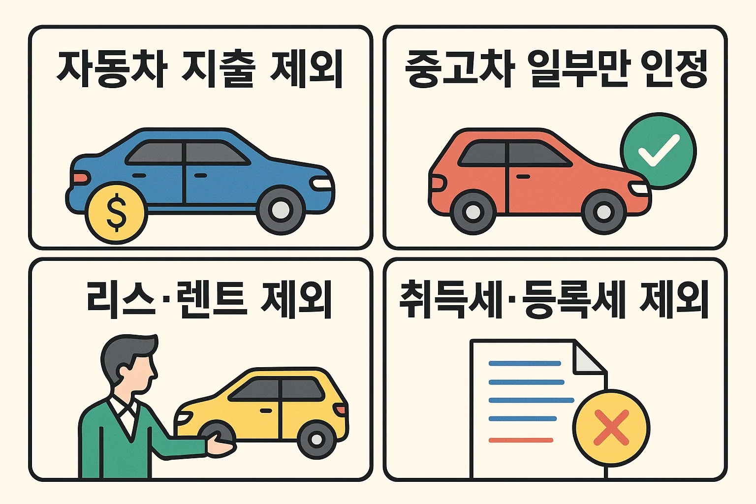자동차 구매, 리스&middot;렌트, 취득세&middot;등록세 등 신용카드 소득공제에서 제외되는 주요 항목을 차량 지출별로 구분해 설명한 2025년 기준 인포그래픽.