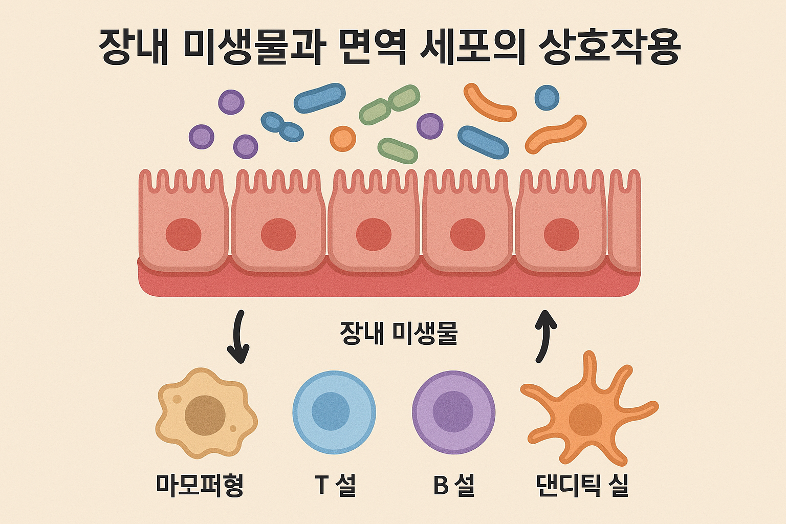 장내 미생물과 면역 세포의 상호작용을 설명하는 인포그래픽
