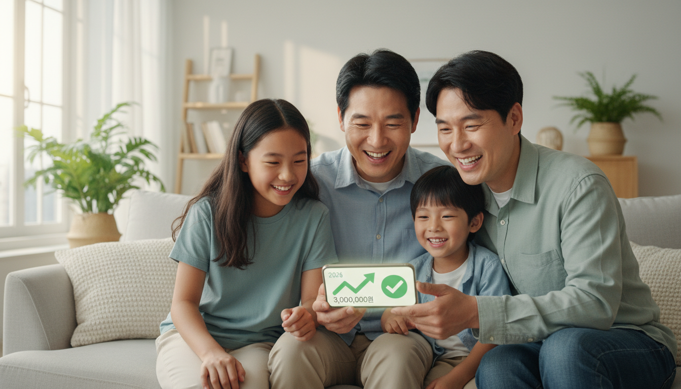 2026년 근로&middot;자녀장려금을 확인하며 행복해하는 한국인 가족, 스마트폰 화면에는 300만 원 지원금이 표시되어 경제적 안정을 상징함.