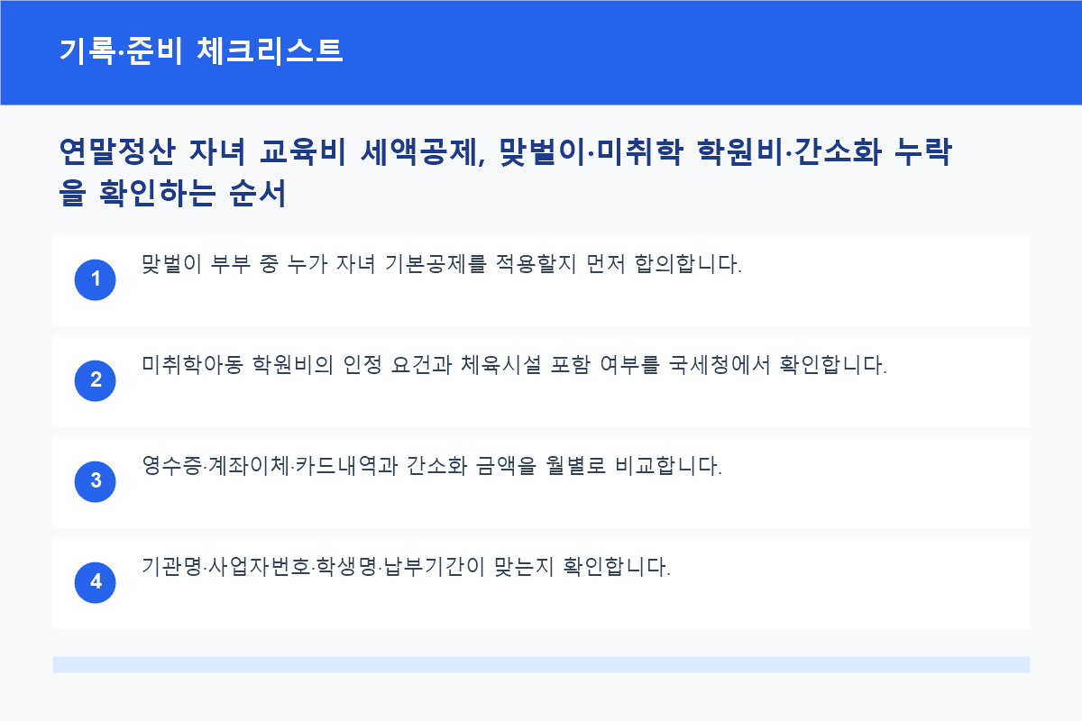 연말정산 자녀 교육비 세액공제, 맞벌이&middot;미취학 학원비&middot;간소화 누락을 확인하는 순서 기록&middot;준비 체크리스트 정보 이미지