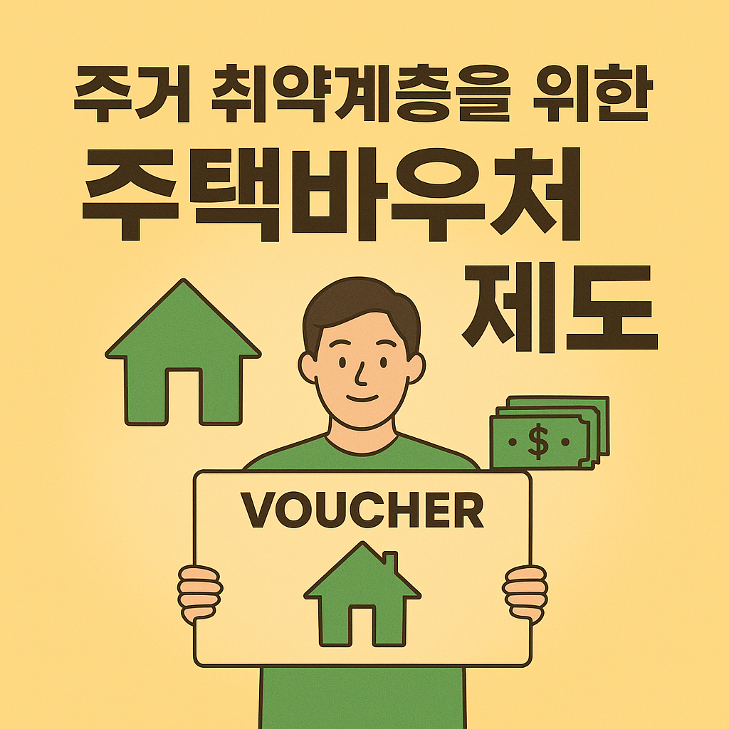 주거 취약계층을 위한 주택바우처제도 문구와 청년이 바우처 팻말 들고 있는 이미지