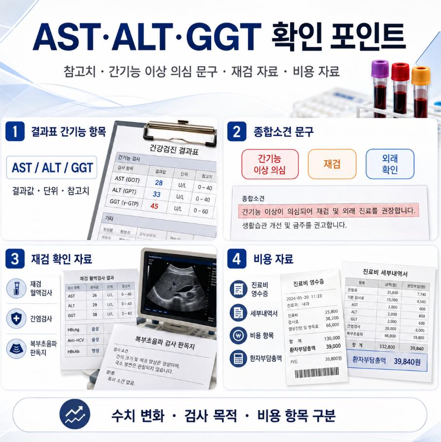 AST&middot;ALT&middot;GGT 참고치와 간기능 이상 의심 문구, 재검 자료와 비용 자료를 정리한 건강검진 인포그래픽