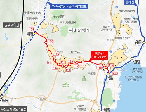 부산 도시철도 정관선 노선도. 동해선 좌천역에서 시작해 정관신도시를 거쳐 월평까지 이어지는 12.8km 구간의 정거장 위치와 주변 산업단지가 표시된 지도.