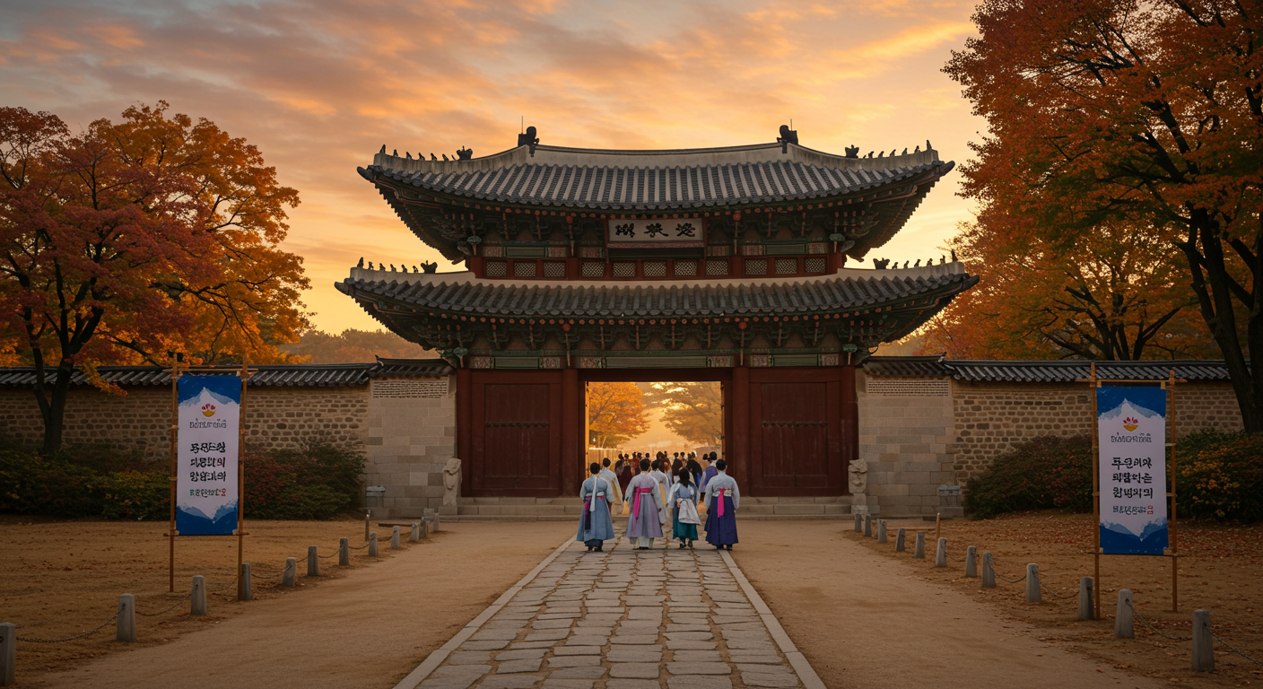 가을 단풍 아래 경복궁을 입장하는 관람객들의 모습