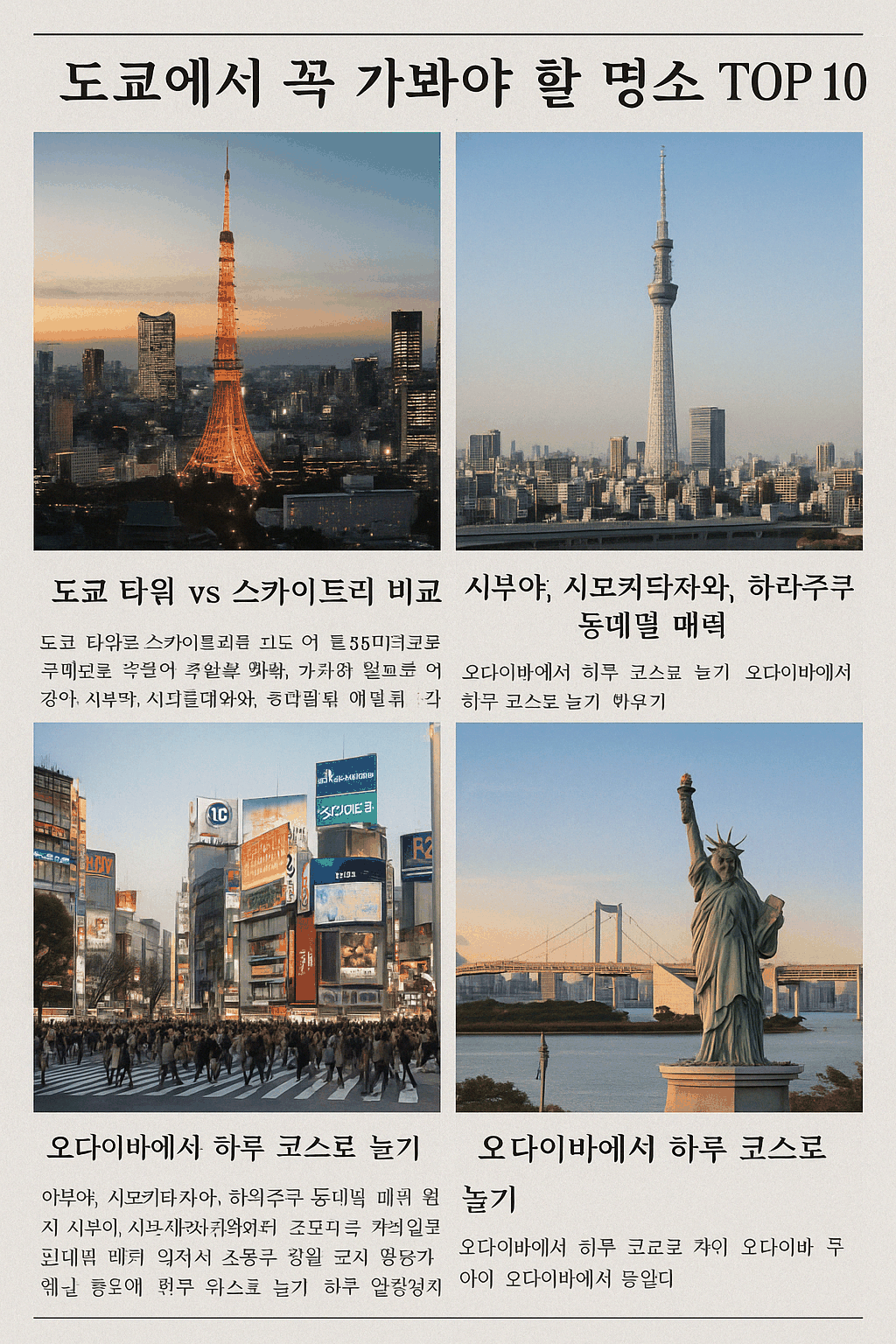 도쿄 타워, 스카이트리, 시부야 스크램블, 오다이바 자유의 여신상 등 도쿄의 대표 명소들을 담은 실사 이미지