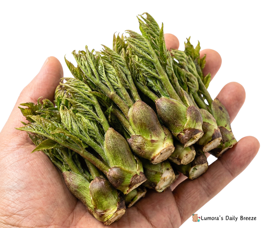 봄의 제왕 두릅나무의 어린 참두릅순을 따서 손에 한가득 얹어 보이고있다.