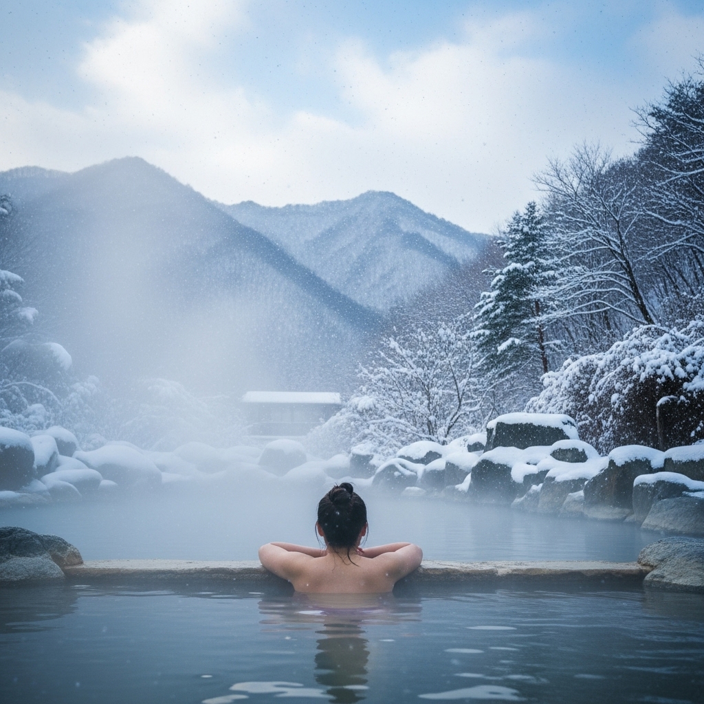 충주 수안보온천의 겨울 풍경. 눈 덮인 산을 배경으로 따뜻한 김이 피어오르는 노천탕에서 평화롭게 휴식하는 모습._2