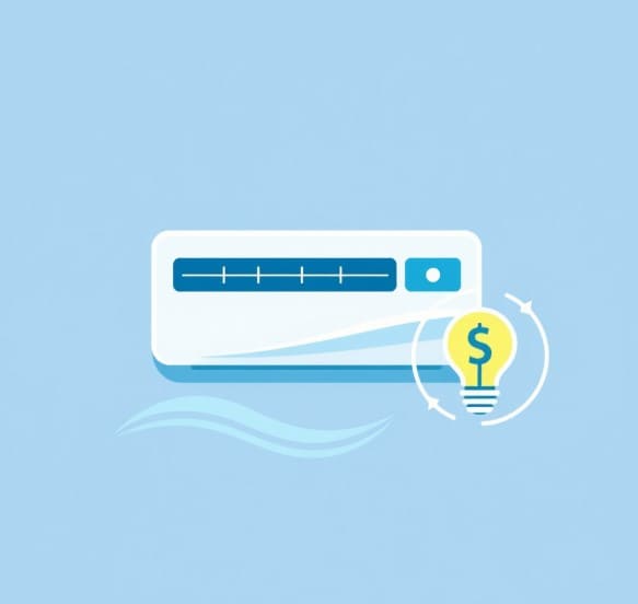 하얀색 에어컨 아이콘과 절약상징 전구 아이콘이 있습니다.