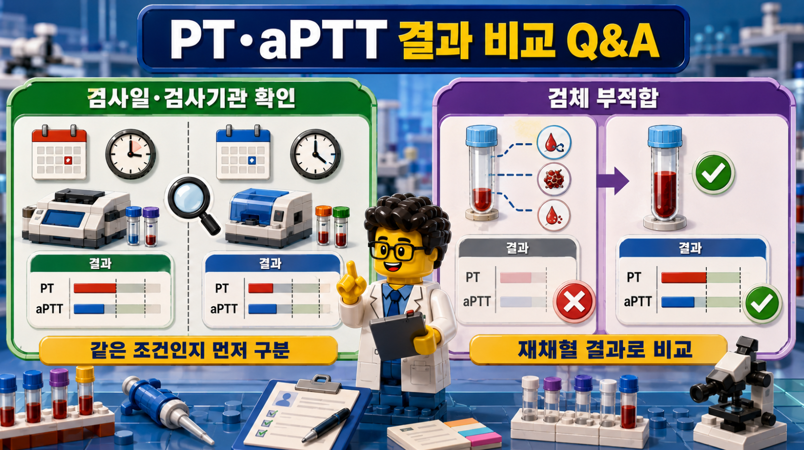 서로 다른 날짜와 검사기관의 PT·aPTT 결과 비교 조건과 검체 부적합 시 재채혈 결과로 비교하는 원칙을 설명하는 레고 스타일 의료 포스터