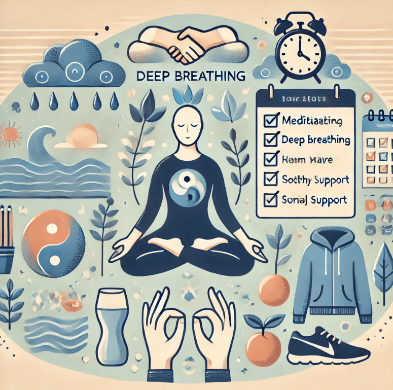 요가 , 건강한 습관 , 시간 관리 , 사회적 지원과 같은 요소를 강조하여 스트레스 예방 전략을 나타내는 그림