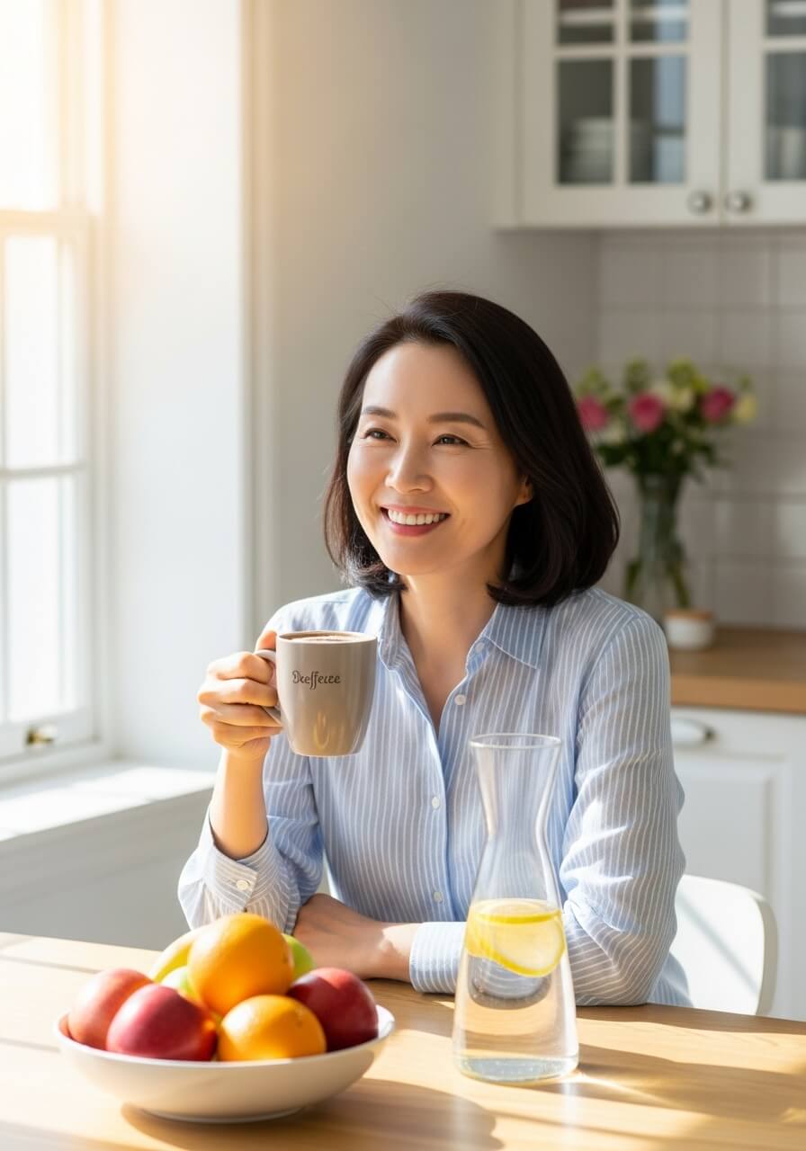 밝은 주방에서 디카페인 커피를 마시며 미소 짓는 중년 여성