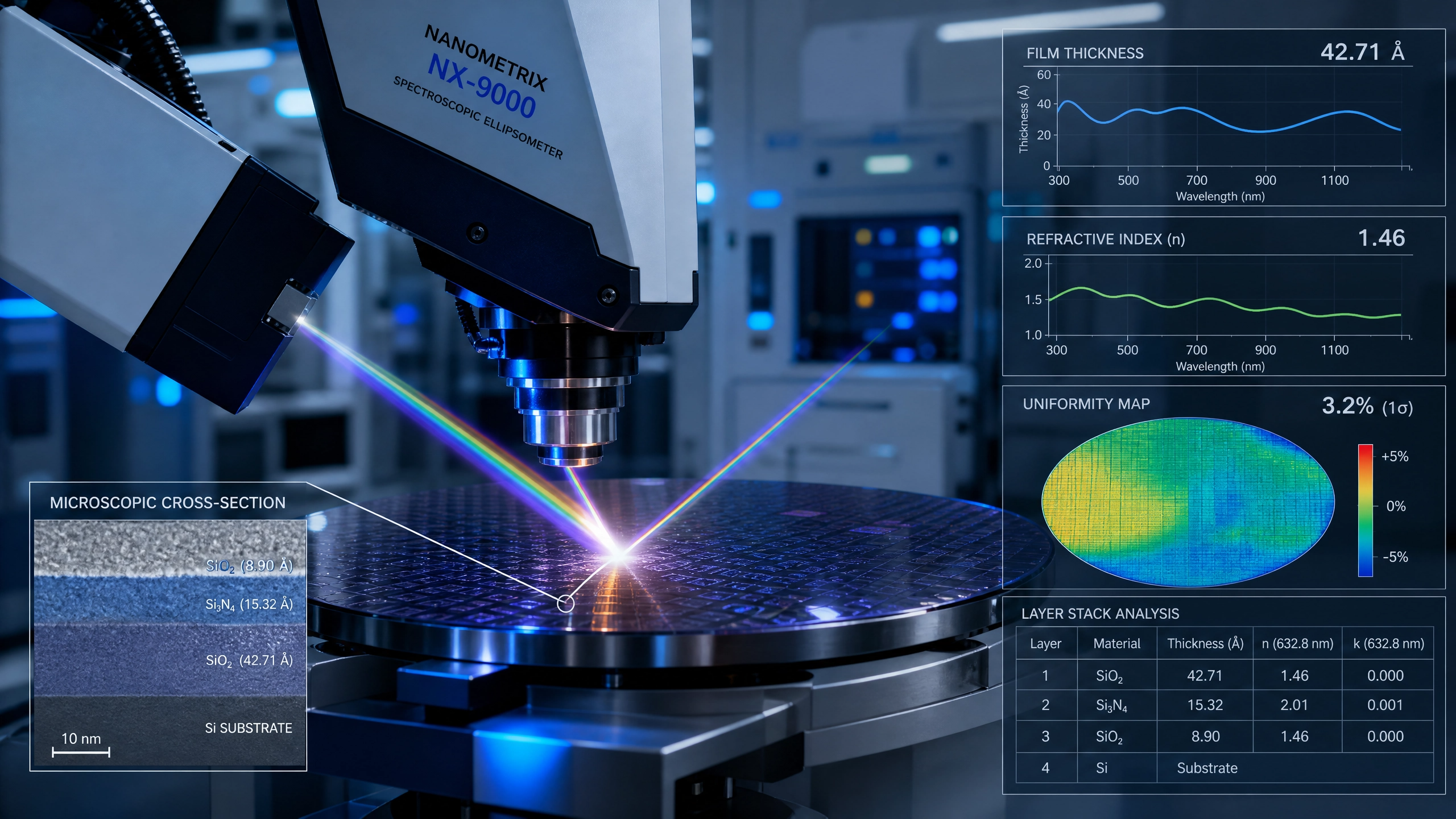 반도체 제조 공정의 새로운 성장 동력인 Thin Film(박막) Metrology(계측) 장비의 정밀한 기술력을 시각화한 이미지입니다.
이미지 주요 특징:
분광 엘립소메트리(Spectroscopic Ellipsometry): 다양한 파장의 빛을 웨이퍼 표면에 조사하여 반사되는 빛의 변화를 분석하고, 박막의 두께와 굴절률을 측정하는 핵심 원리를 무지개 빛의 빔으로 묘사했습니다.
원자 수준의 두께 측정: 옹스트롬(Å) 단위의 초미세 두께 데이터를 시각화하여, 나노미터보다 더 정밀한 박막 제어 기술력을 강조했습니다.
다층 박막 구조 분석: 좌측 하단의 현미경 단면 뷰(Microscopic Cross-section)를 통해 SiO2, Si3N4 등 웨이퍼 위에 증착된 여러 층의 박막 구조와 각각의 두께 데이터를 상세히 표현했습니다.
박막 균일도(Uniformity) 맵: 우측 대시보드에 웨이퍼 전체의 박막 증착 균일도를 보여주는 히트맵을 배치하여, 장비의 분석 능력과 공정 신뢰성을 시각화했습니다.