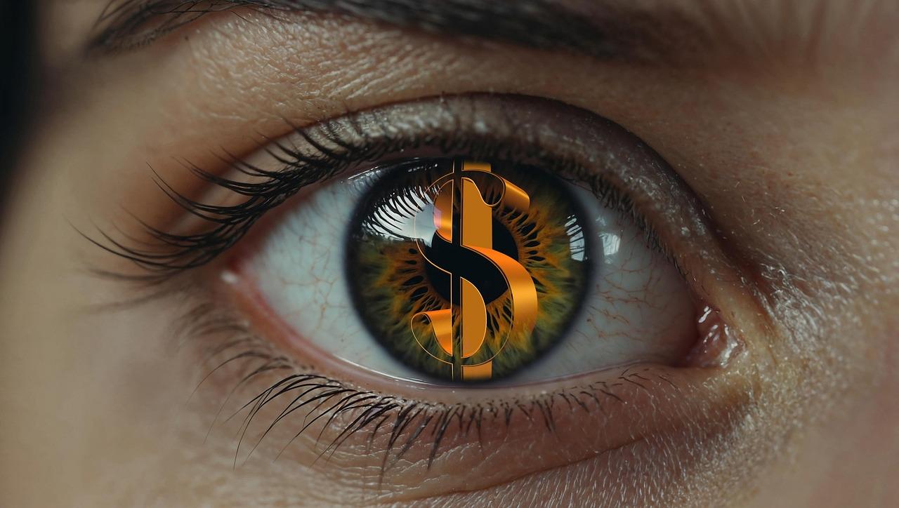 인플레이션. 디플레이션, 물가 이야기. 눈동자 속에 달러 표시가 있는 사진 이미지를 통해 물가를 이해하는 상징을 담고 있다.