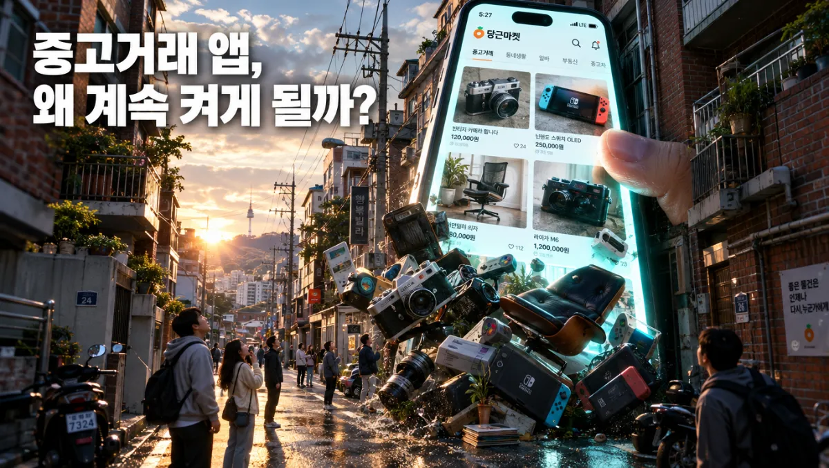 거대한 스마트폰이 주택가 골목에 서 있고 화면에서 중고 물건이 쏟아지는 초현실 도시 이미지