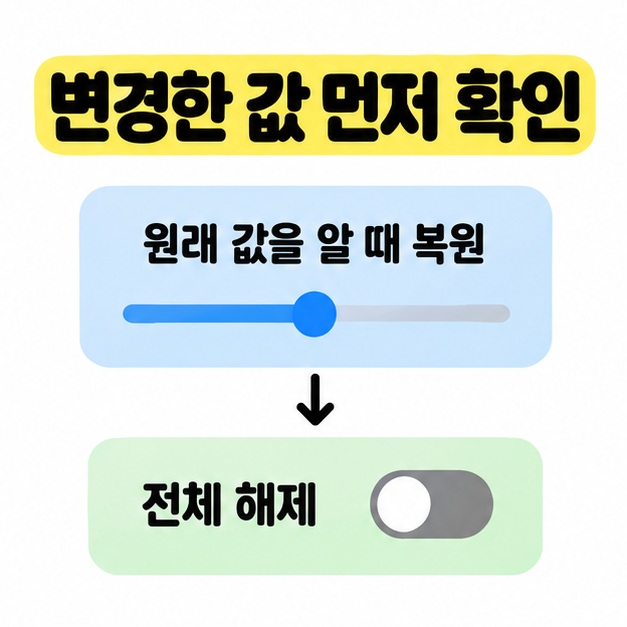 변경한 값을 먼저 확인하고 원래 값을 알 때 복원한 뒤 전체 해제로 이어지는 슬라이더와 꺼진 스위치의 세로 흐름도