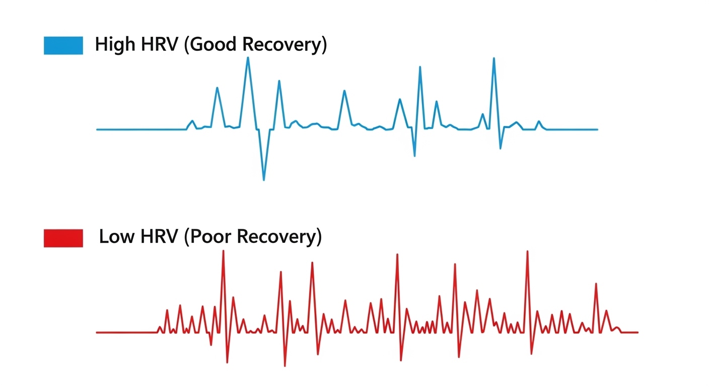높은 HRV와 낮은 HRV의 차이를 보여주는 심박 패턴 그래프. 높은 HRV는 심박 간격이 불규칙하고, 낮은 HRV는 간격이 규칙적인 모습을 보여준다.
