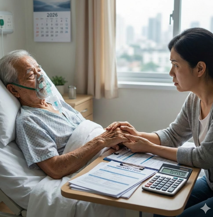 노인 흡인성 폐렴으로 산소 치료를 받는 입원 환자와 보호자가 병실에서 비용 서류를 확인하는 장면