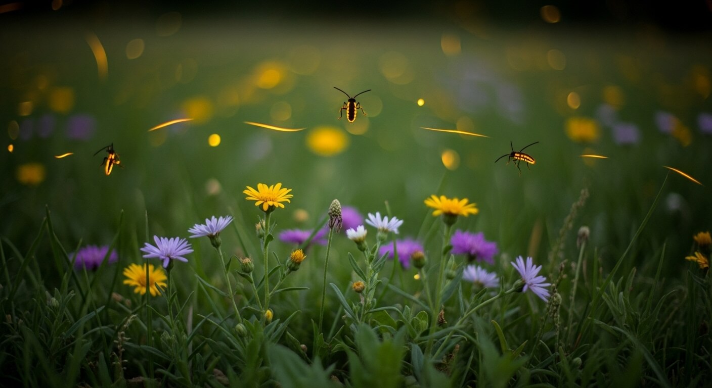 꽃 사이에서 빛을 발하며 나는 반딧불이 클로즈업