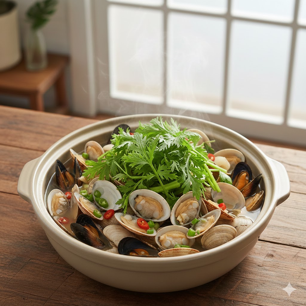 김이 모락모락 나는 조개찜 위에 고명으로 올라가 해산물의 비린 맛을 깔끔하게 잡아주는 신선한 쑥갓