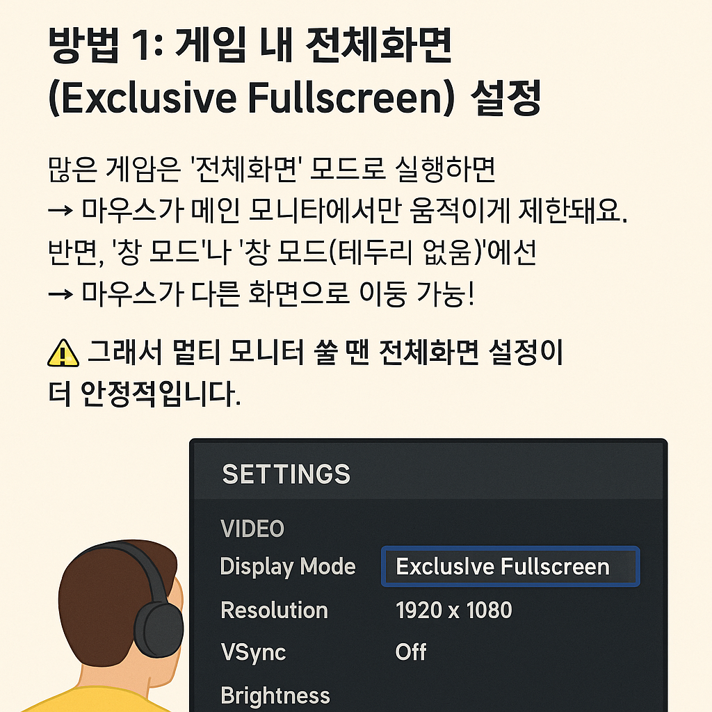 게임 설정 화면에서 'Exclusive Fullscreen' 모드가 선택된 장면과 함께, 전체화면 모드에서는 마우스가 메인 모니터에서만 움직인다는 설명이 한국어로 안내되어 있다. 배경에는 헤드셋을 쓴 캐릭터 일러스트가 함께 배치되어 있다.
