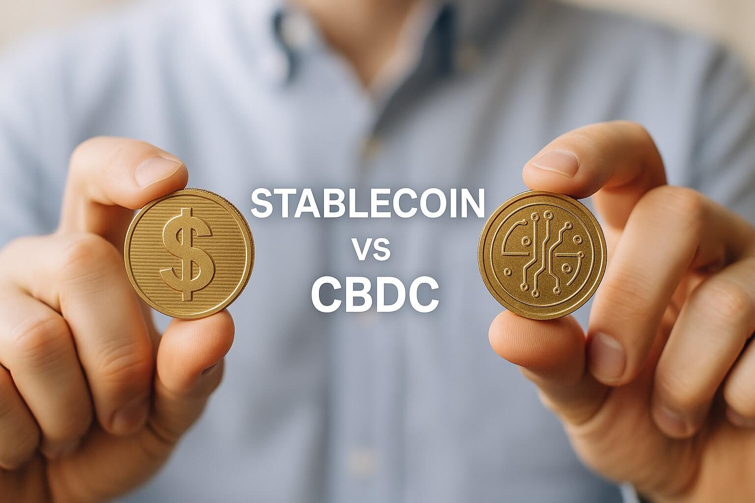 스테이블코인과 중앙은행 디지털화폐(CBDC)를 비교하는 실제 동전 이미지
