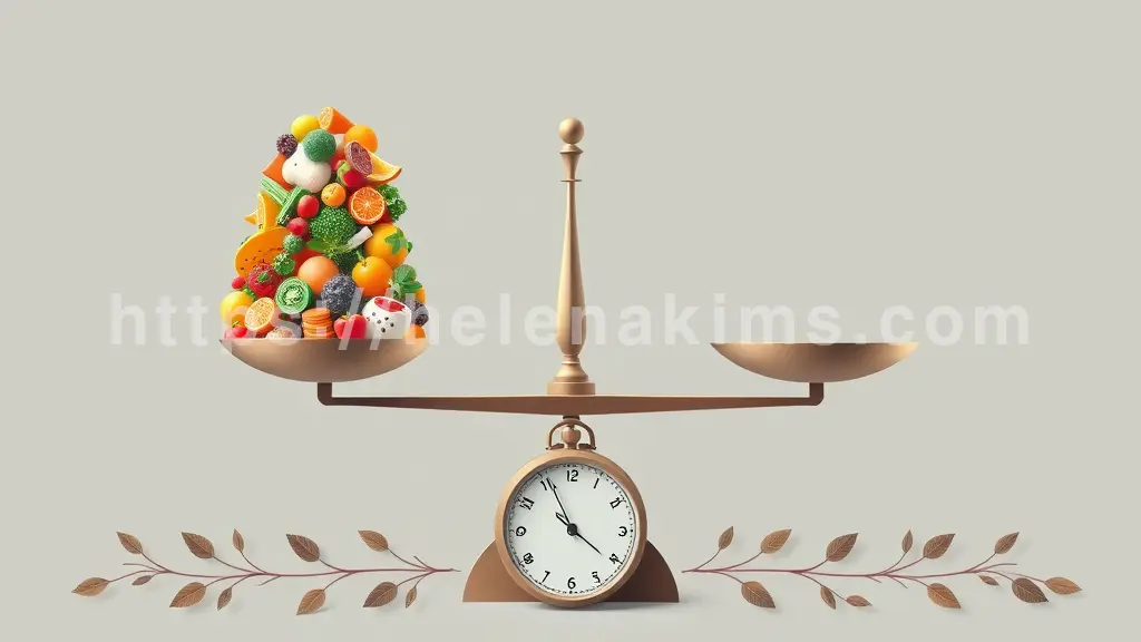 저울의 한쪽에는 탄수화물, 단백질, 지방을 상징하는 밝고 건강한 아이콘들이 과하게 쏠려 있고, 다른 쪽은 텅 비어 위태롭게 기울어져 있습니다.