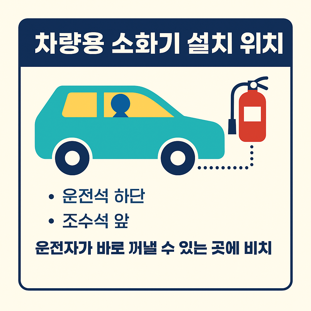 2025 차량용 소화기 설치 기준 안내 인포그래픽 – 운전석 발밑, 조수석 옆 설치 권장 위치 도식