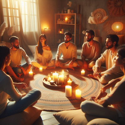 한 여성은 앉아서 글을 쓰고 있고, 다른 이들은 편안한 소파에서 휴식을 취하고 있습니다.