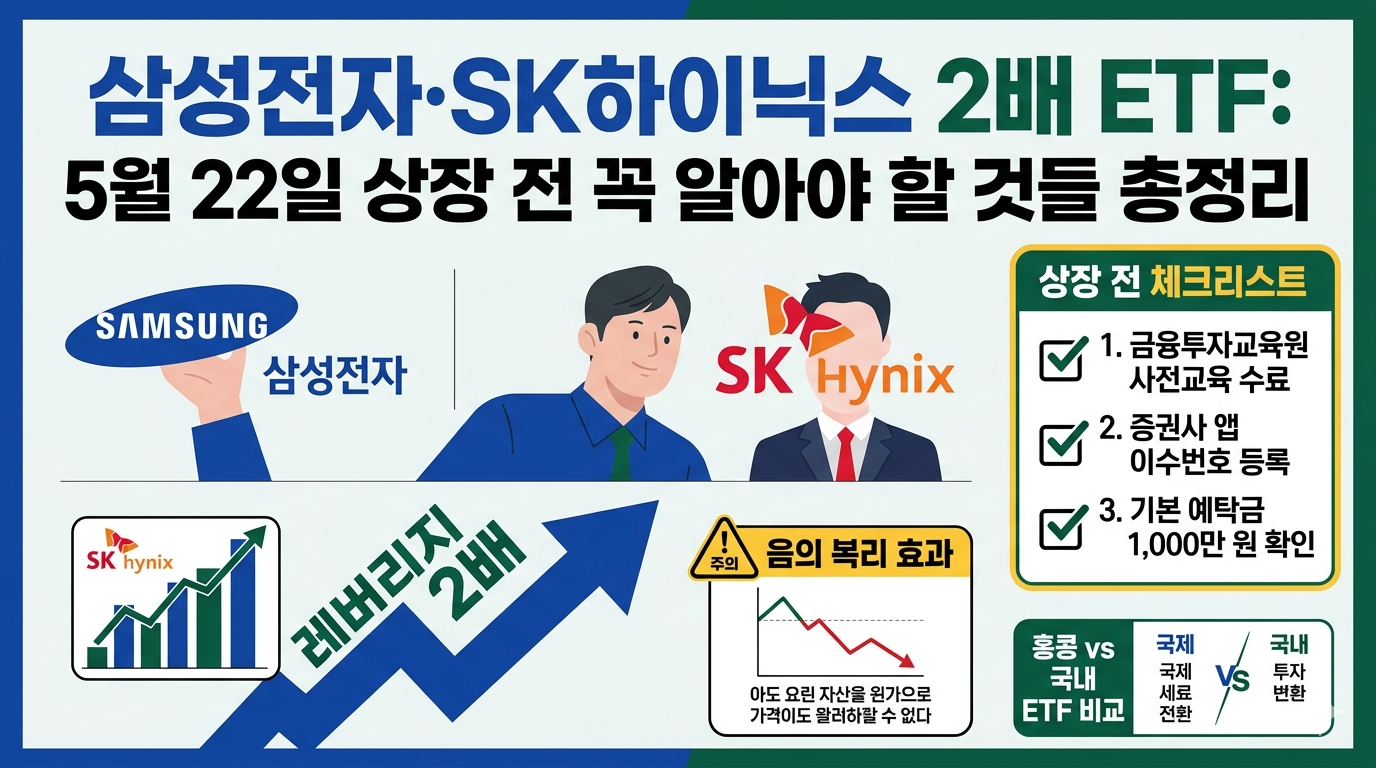 [전체 구성 요약]
삼성전자와 SK하이닉스 단일종목 2배 레버리지 ETF 상장에 관한 블로그 썸네일 이미지입니다. 신뢰감을 주는 짙은 초록색 테두리에 흰색 배경을 사용하였으며, 상단에는 제목, 중앙에는 두 회사와 투자 개념 시각화, 우측에는 체크리스트와 비교 정보가 깔끔하게 배치된 인포그래픽 스타일입니다.

[세부 내용 요약]

제목 (상단): 가장 크고 강조된 글씨로 "삼성전자&middot;SK하이닉스 2배 ETF: 5월 22일 상장 전 꼭 알아야 할 것들 총정리"라고 적혀 있습니다.

중앙 좌측 (삼성전자): 삼성 로고가 그려진 타원을 쟁반처럼 받치고 있는 손과 그 옆에 서 있는 양복 입은 남성의 일러스트가 있습니다. 그 아래에는 "삼성전자" 텍스트와 함께 파란색 상승 화살표가 그려진 주가 그래프가 있습니다.

중앙 우측 (SK하이닉스): SK하이닉스 로고(나비 모양)와 함께 서 있는 양복 입은 남성의 일러스트가 있습니다. 그 아래에는 "SK Hynix" 텍스트와 함께 주황색 상승 화살표가 그려진 주가 그래프가 있습니다.

중앙 하단 (핵심 개념):

레버리지 2배: 두 남성 일러스트 아래로 거대한 파란색 화살표가 대각선 위로 뻗어 있으며, 그 위에 초록색 글씨로 "레버리지 2배"라고 적혀 있어 수익 확대를 시각화합니다.

음의 복리 효과 (주의): 노란색 삼각 주의 표지판과 함께 "음의 복리 효과" 텍스트가 있습니다. 그 아래 작은 그래프는 주가가 하락했다가 다시 상승하지만, 원금에는 미치지 못하고 하향 곡선을 그리는 모습을 보여주며 위험성을 경고합니다.

우측 상단 (체크리스트): 노란색 박스 안에 "상장 전 체크리스트"라는 제목과 함께 3가지 항목이 체크 표시와 함께 나열되어 있습니다.

금융투자교육원 사전교육 수료

증권사 앱 이수번호 등록

기본 예탁금 1,000만 원 확인

우측 하단 (비교): "홍콩 vs 국내 ETF 비교"라는 제목의 표가 있습니다. '홍콩 vs 국내'를 중심으로 '국제 세료 전환' 대 '국내 투자 변환'이라는 핵심 차이점을 간략하게 비교하고 있습니다.