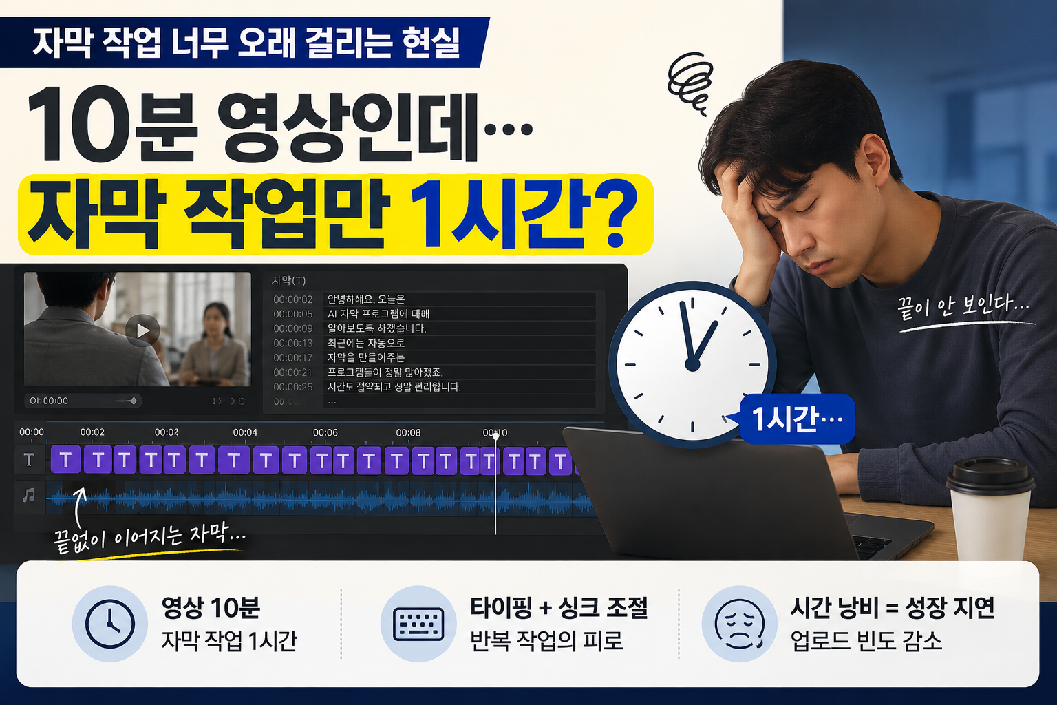 10분 영상인데 자막 작업만 1시간 걸리는 현실을 표현한 AI 자막 프로그램 공감형 이미지