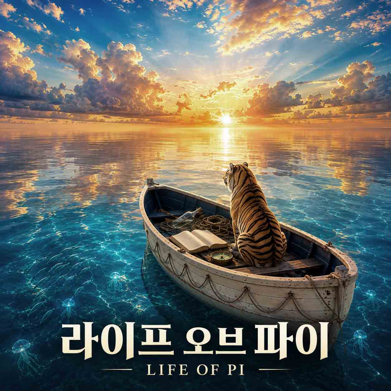 영화 라이프 오브 파이를 표현한 황금빛 노을이 비치는 푸른 바다와 작은 배에 앉아 수평선을 바라보는 호랑이, 책과 나침반 이미지