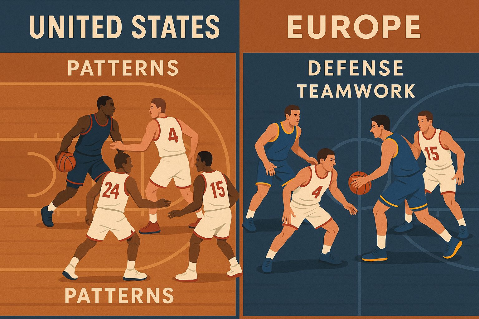 미국과 유럽 농구 전술 비교 일러스트: 미국의 공격 패턴과 유럽의 수비 조직력을 시각적으로 표현한 이미지