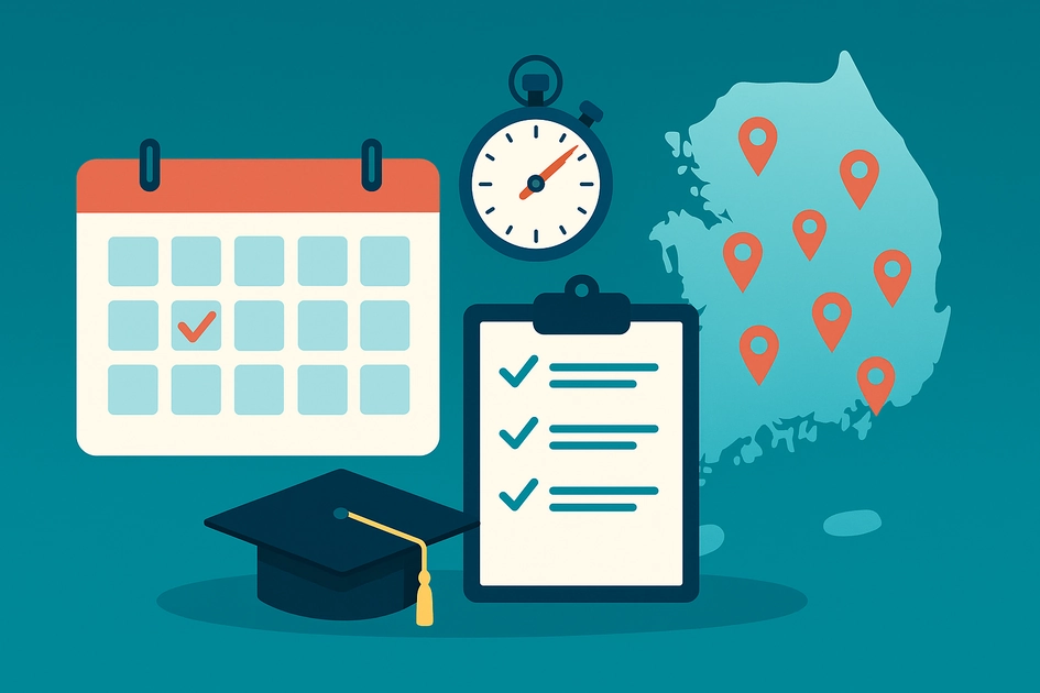 달력·체크리스트·스톱워치와 한국 지도 핀 아이콘으로 2026 임용고시 일정을 상징한 썸네일