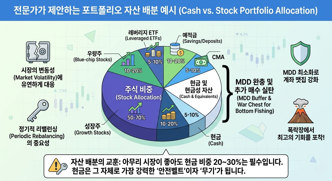 전문가가 제안하는 포트폴리오 자산 배분 예시 (현금 vs. 주식 비중) 원형 차트 인포그래픽