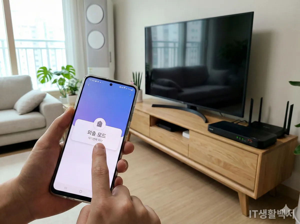 외출 모드 버튼을 눌러 TV와 셋톱박스의 대기전력을 차단하는 스마트폰 조작 모습