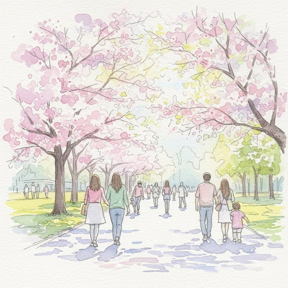 봄 햇살 아래 행복하게 걷는 사람들의 모습