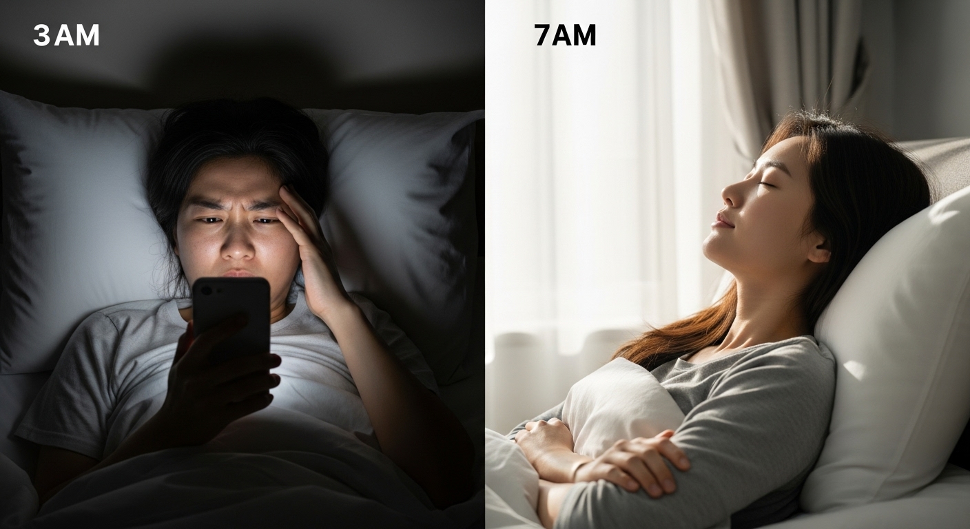 수면 지연 증후군으로 새벽 3시에 괴로워하는 모습과 수면 리듬 개선 후 아침 7시에 상쾌하게 일어나는 모습의 대비.