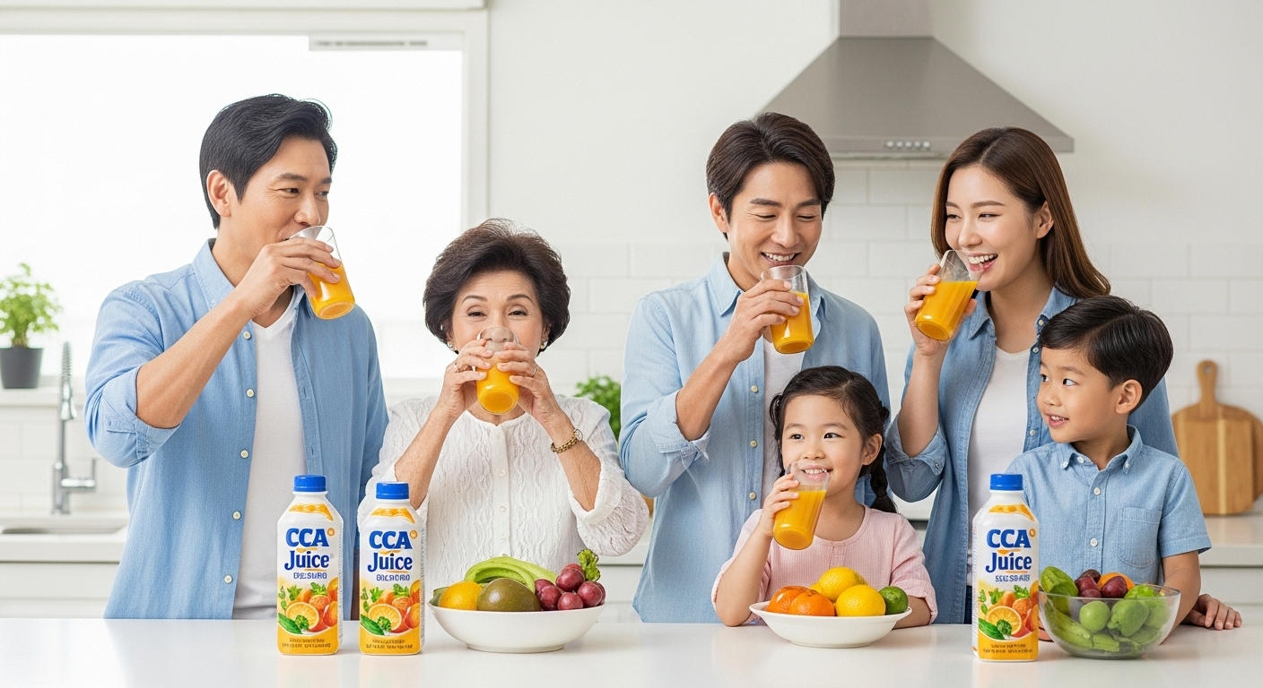 밝은 주방에서 가족이 함께 주스를 마시는 모습