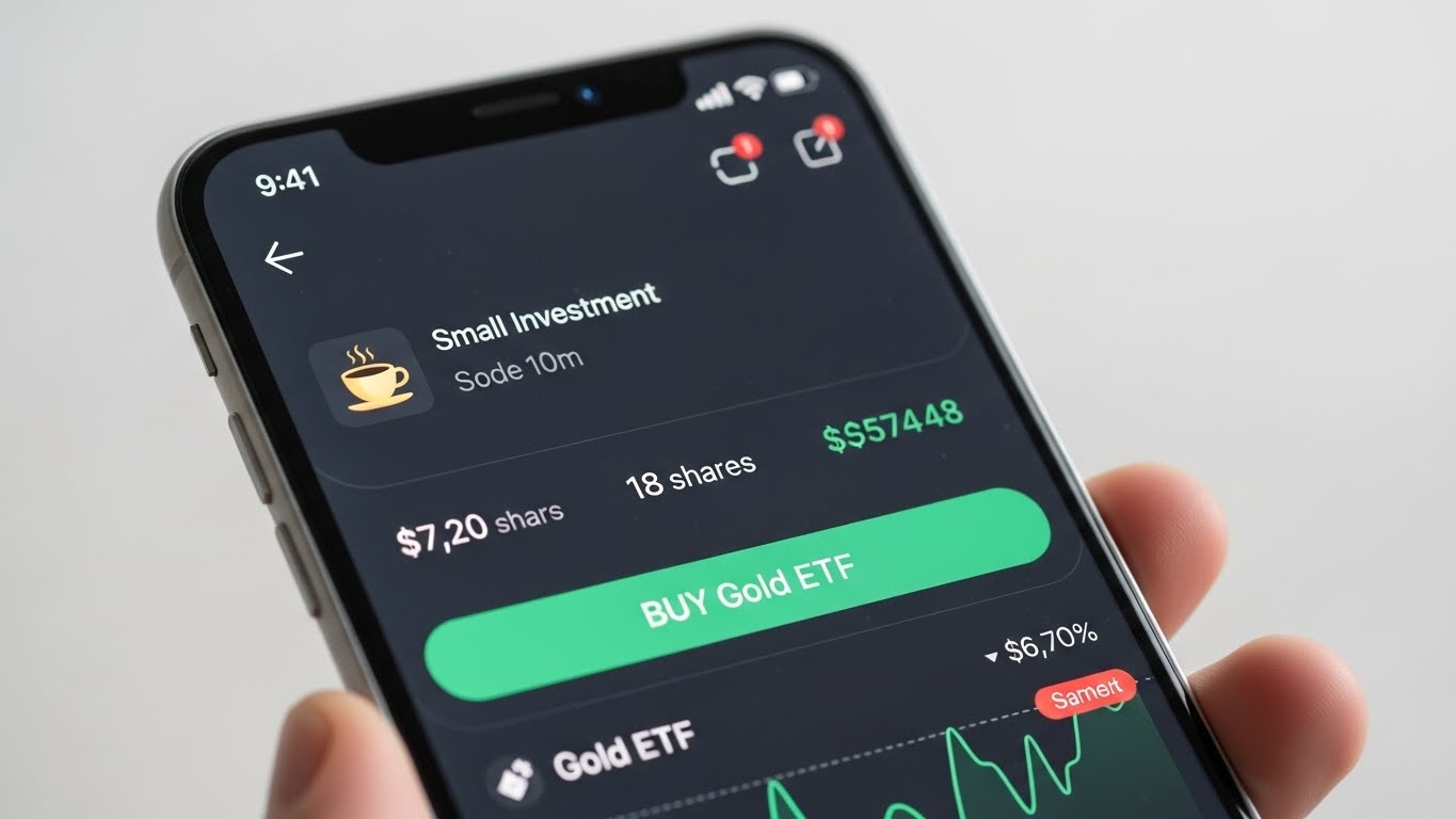 A smartphone screen displaying a stock trading app buying 'Gold ETF', with a cup of coffee icon representing 'small investment'.