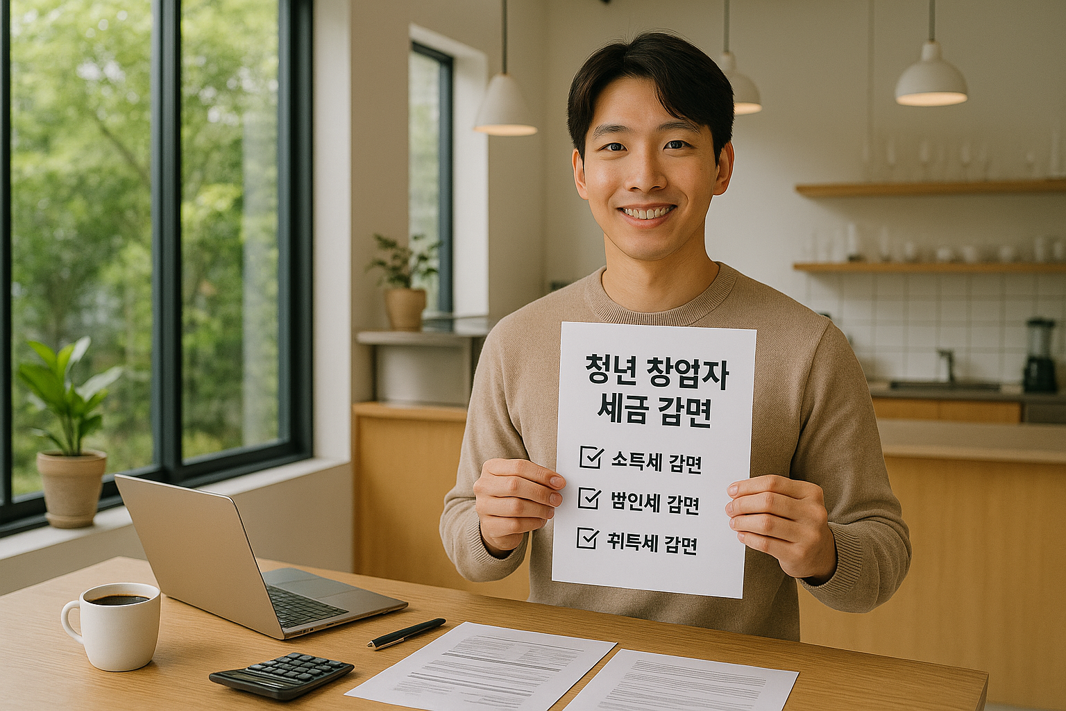 청년 창업자가 자신이 운영하는 매장 앞에서 세금 감면 혜택 안내 전단을 들고 있는 밝은 분위기의 장면