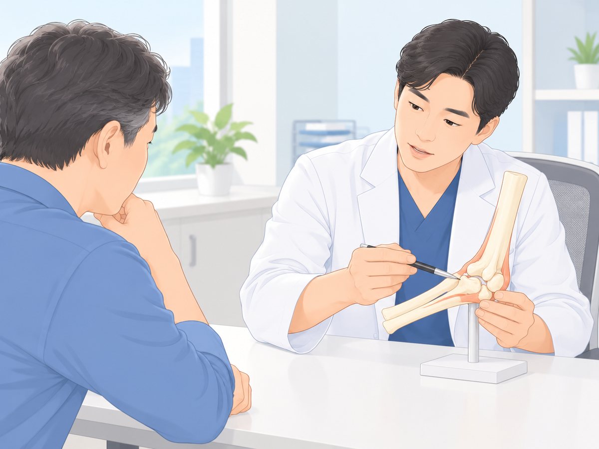 의사가 팔꿈치 관절 뼈 모형을 가리키며 환자에게 설명하는 장면