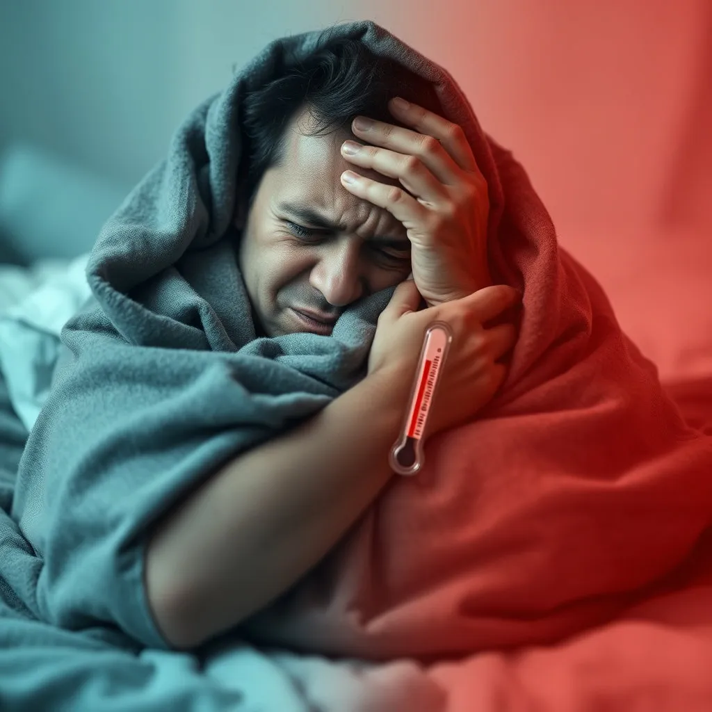 한 사람이 이불이나 담요를 두르고 몸을 웅크린 채 심하게 떨고 있는 모습과, 이마에 손을 얹고 열이 나는 듯한 괴로운 표정을 짓고 있는 모습을 함께 표현합니다. 체온계가 고열을 나타내는 작은 요소도 포함할 수 있습니다.