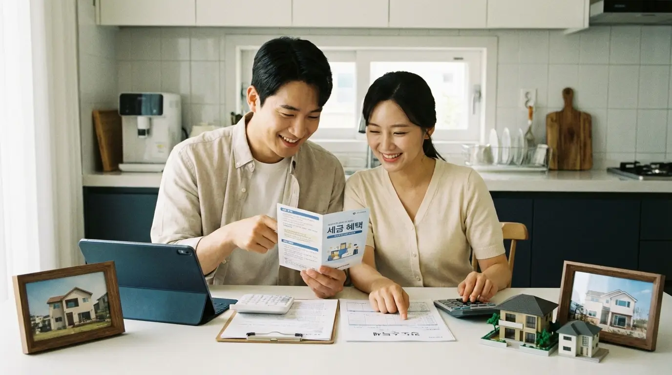 각자 집을 가진 남녀가 결혼하여 함께 살게 되면서 발생하는 세금 문제와 혜택을 고민하는 행복한 신혼부부의 모습