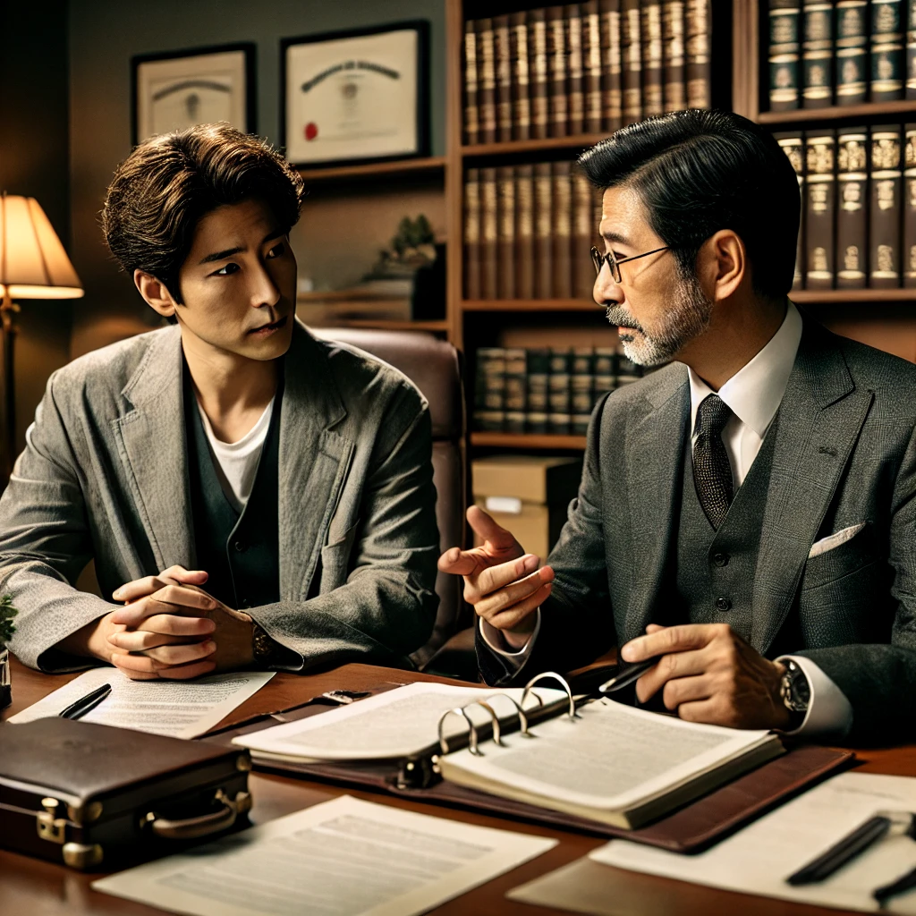 법률 전문가와 상속 문제에 대해 상담하고 있는 A씨의 모습, 테이블 위에는 여러 법률 서류가 놓여 있음