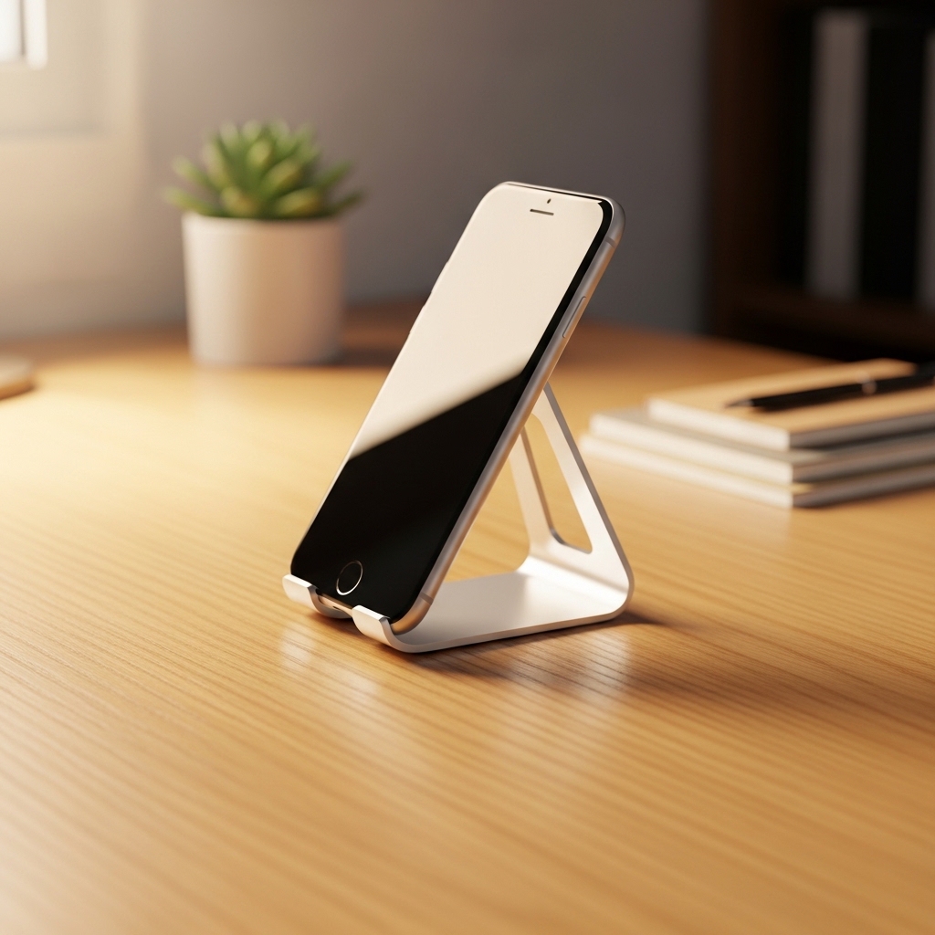 거북목 예방을 위해 스마트폰을 거치대로 올려 보는 습관을 상징한 이미지