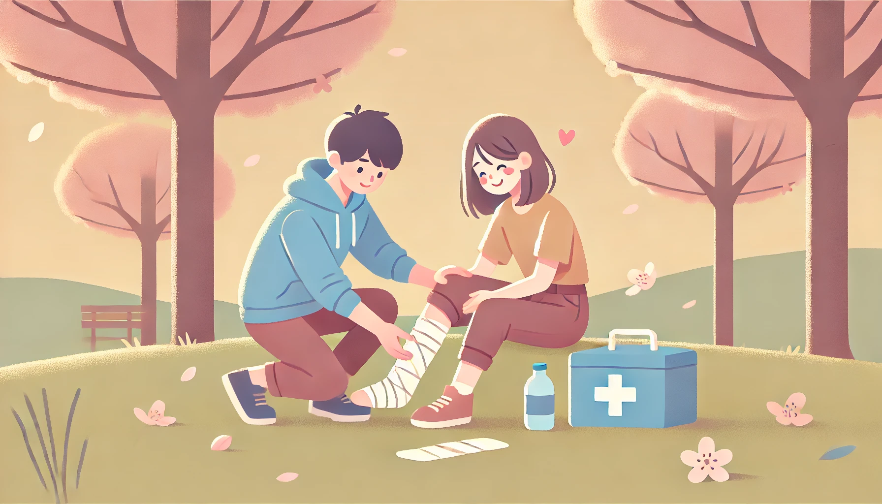 봄날 공원에서 응급처치를 받은 후 편안히 쉬는 사람과 도와주는 사람의 따뜻한 모습 일러스트